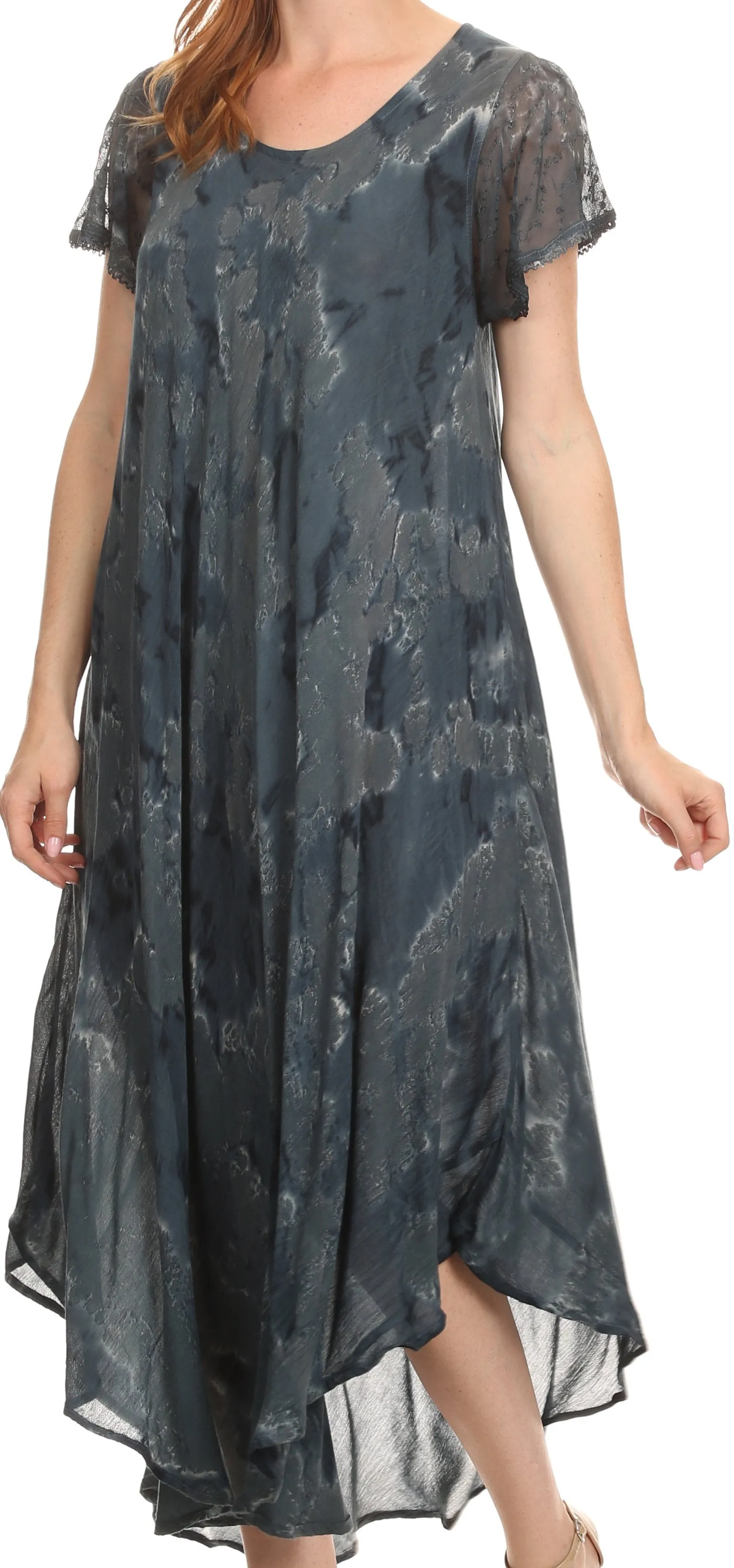 Sakkas Sayli Long Tie Dye Cap Sleeve Embroidered Wide Neck Caftan Dress / Cover Up