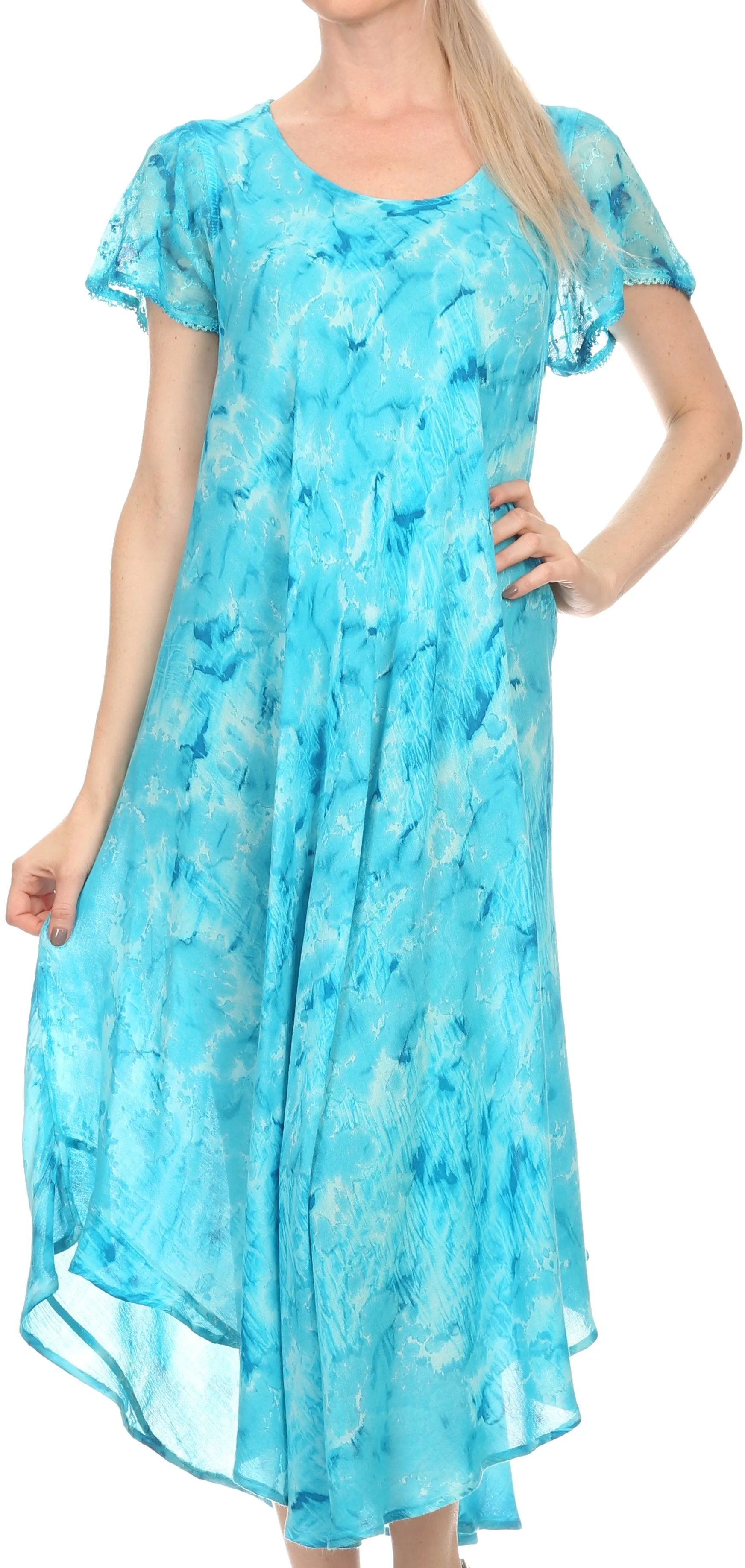 Sakkas Sayli Long Tie Dye Cap Sleeve Embroidered Wide Neck Caftan Dress / Cover Up