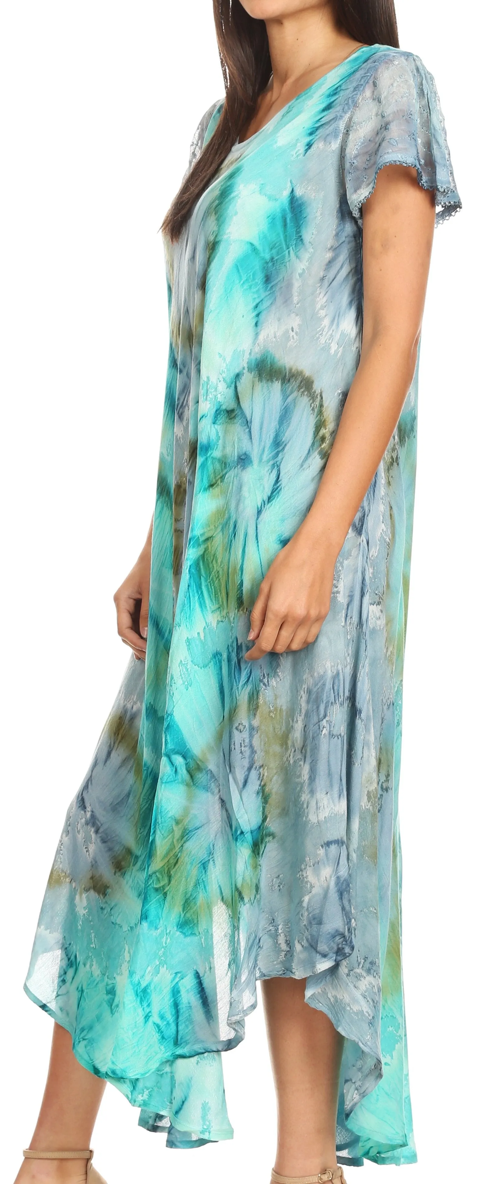 Sakkas Sayli Long Tie Dye Cap Sleeve Embroidered Wide Neck Caftan Dress / Cover Up