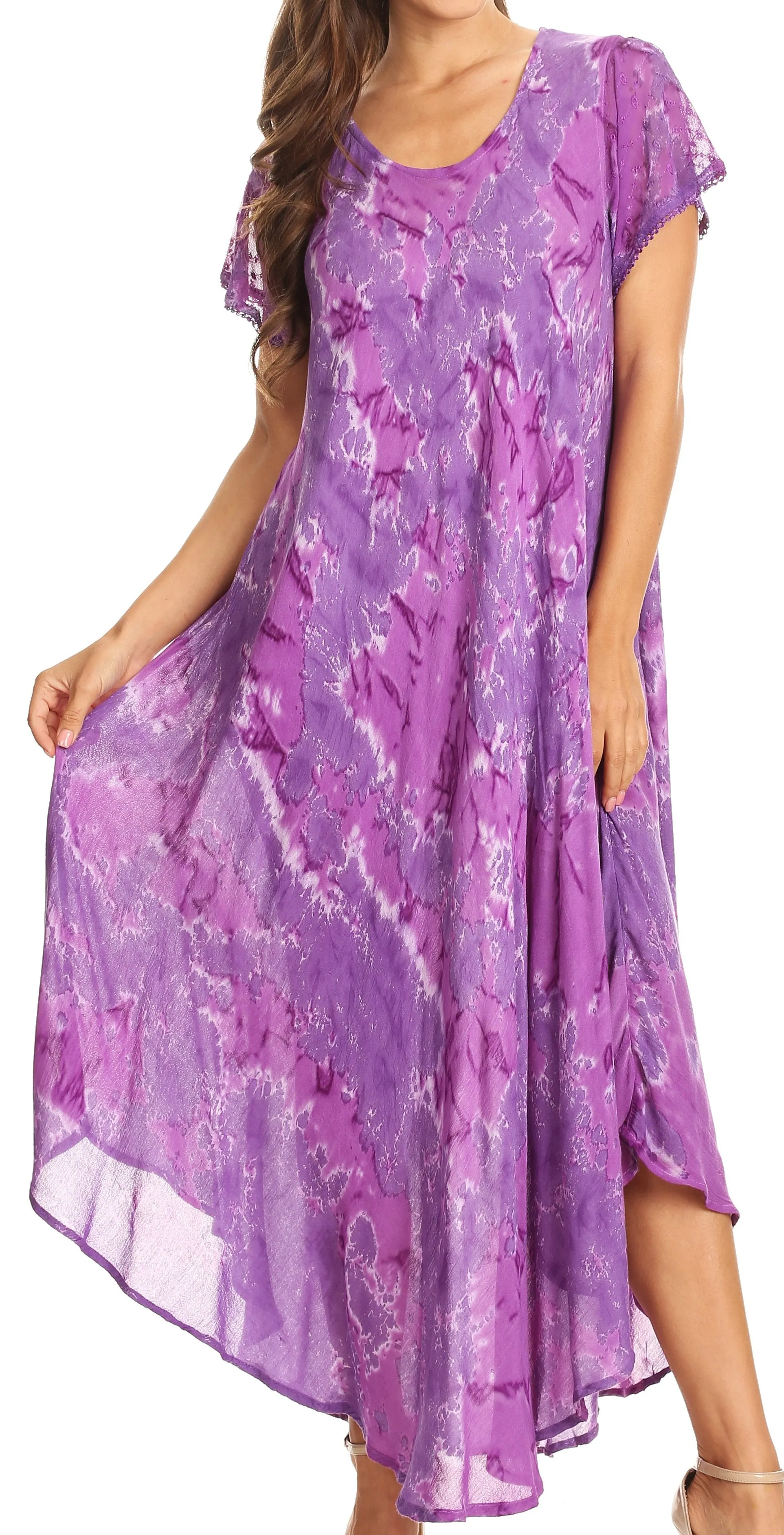 Sakkas Sayli Long Tie Dye Cap Sleeve Embroidered Wide Neck Caftan Dress / Cover Up