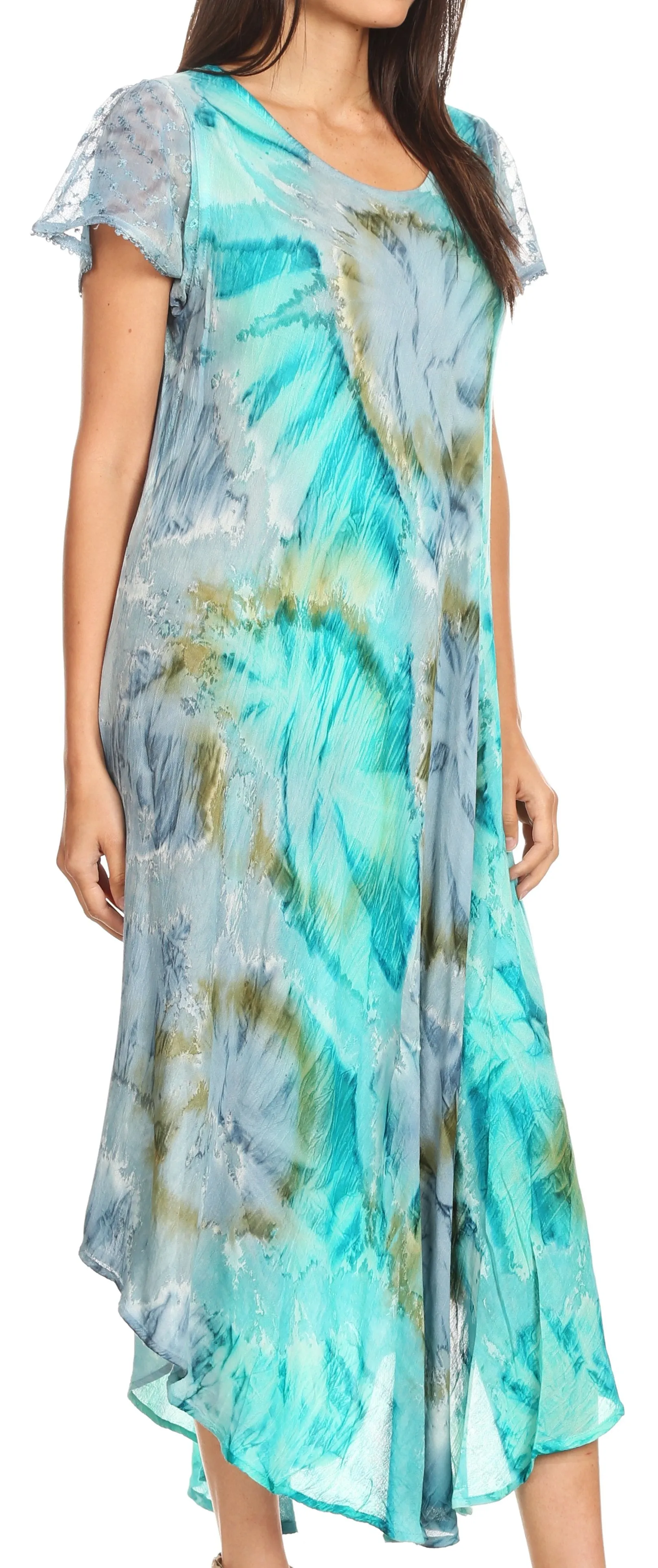 Sakkas Sayli Long Tie Dye Cap Sleeve Embroidered Wide Neck Caftan Dress / Cover Up