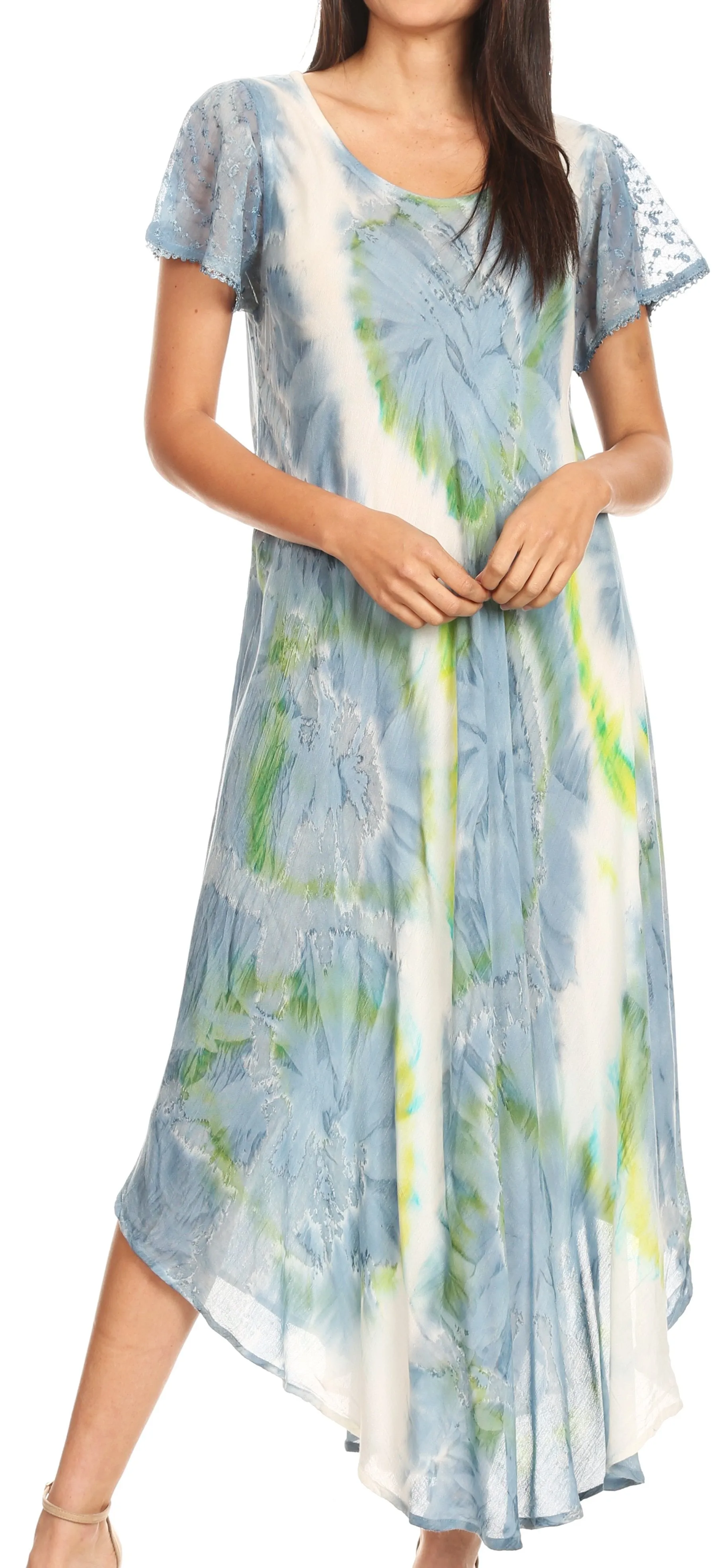 Sakkas Sayli Long Tie Dye Cap Sleeve Embroidered Wide Neck Caftan Dress / Cover Up