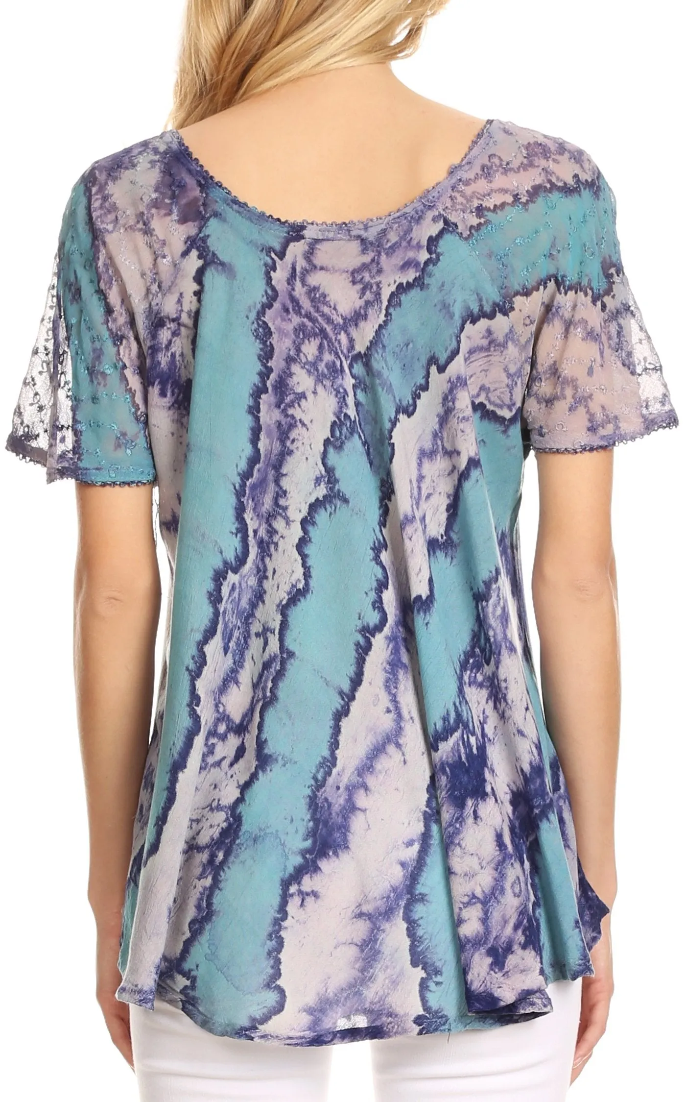 Sakkas Valencia Tie Dye Sheer Cap Sleeve Embellished Drawstring Scoop Neck Top