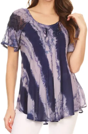 Sakkas Valencia Tie Dye Sheer Cap Sleeve Embellished Drawstring Scoop Neck Top