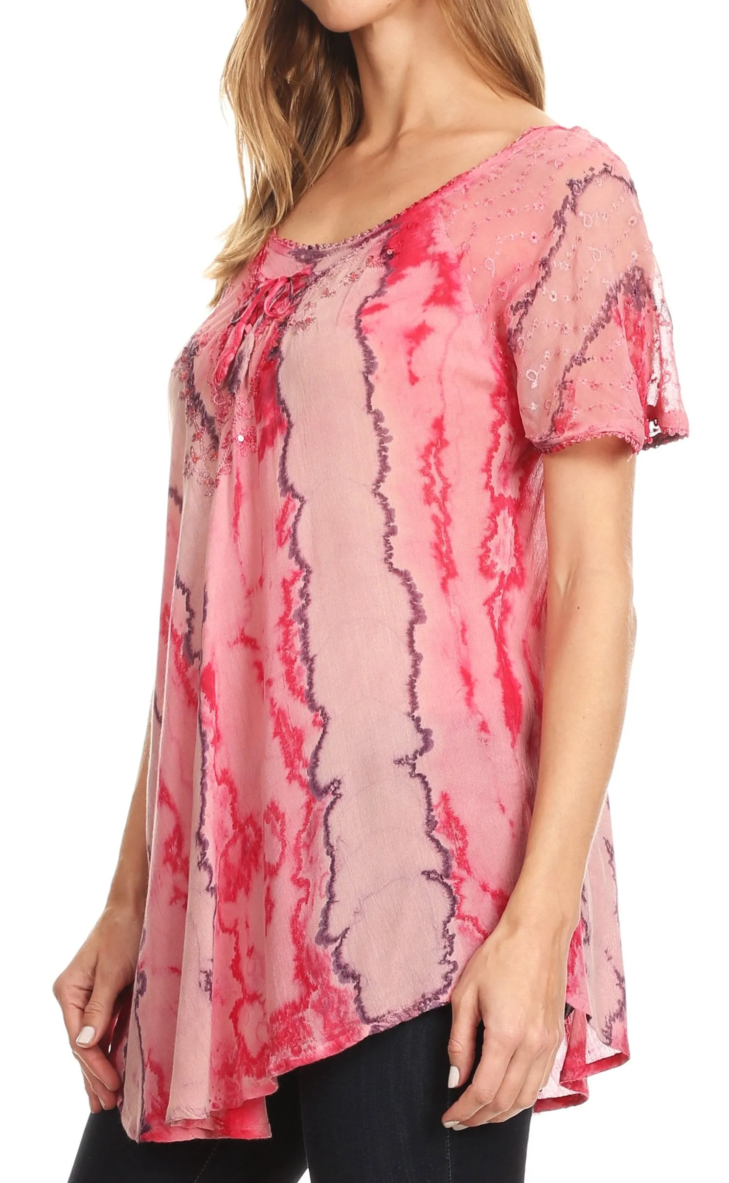 Sakkas Valencia Tie Dye Sheer Cap Sleeve Embellished Drawstring Scoop Neck Top