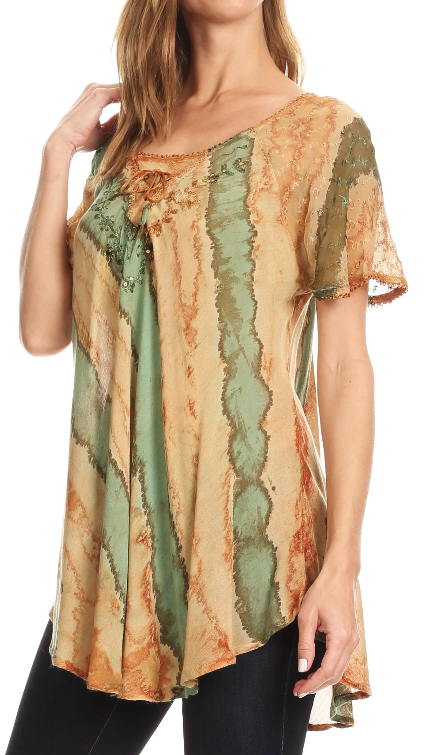 Sakkas Valencia Tie Dye Sheer Cap Sleeve Embellished Drawstring Scoop Neck Top