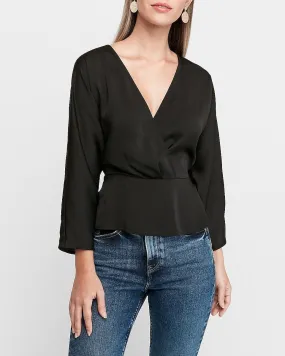 Satin Wrap Front Dolman Sleeve Peplum Top in Pitch Black