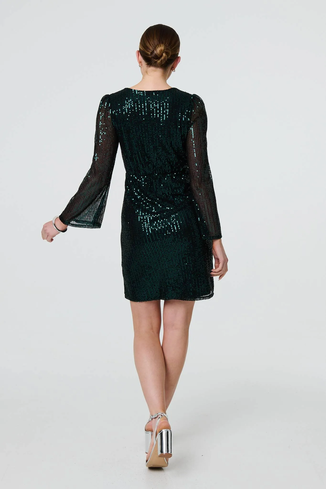 Sequin Semi Sheer Long Sleeve Mini Dress