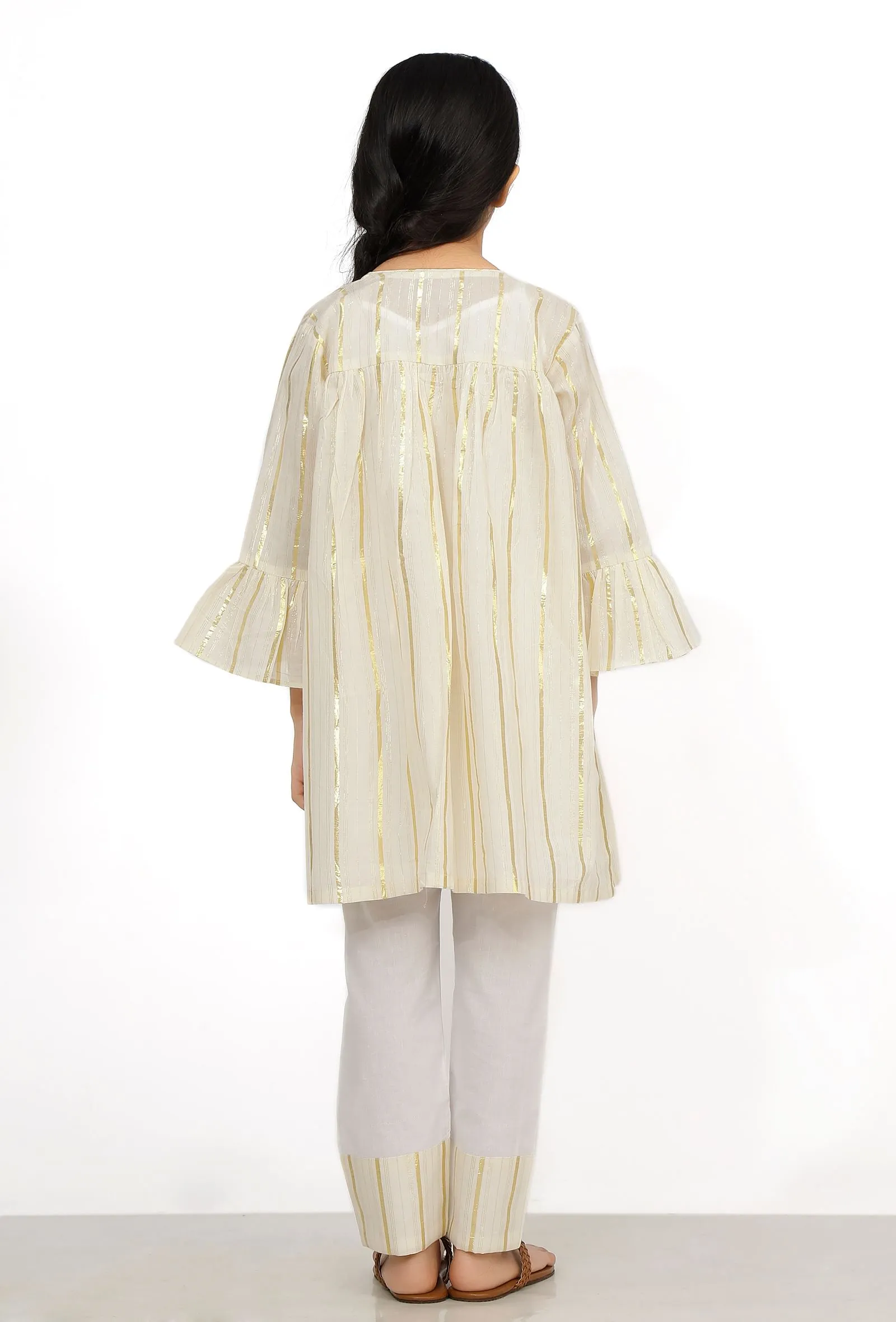 Set of 3: Sand White Cotton Slip Kurta with Stripe Pants and Cape