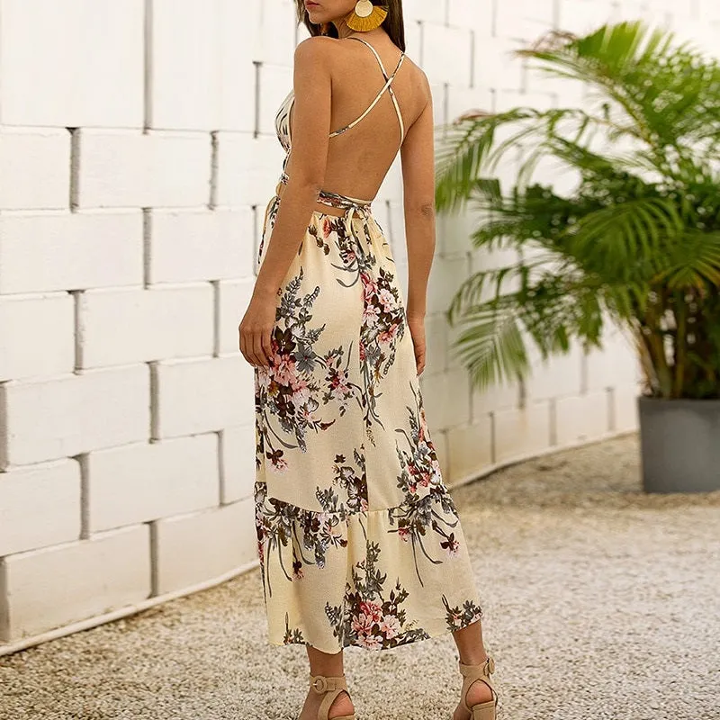 Sexy V-neck Elegant Ruffled High Waist Floral Print Sleeveless Strap Wrap Dress