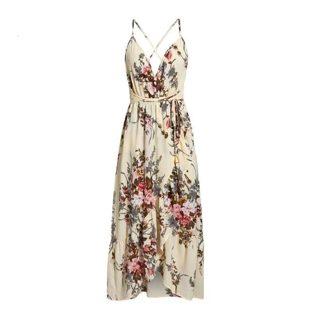 Sexy V-neck Elegant Ruffled High Waist Floral Print Sleeveless Strap Wrap Dress