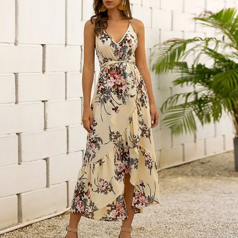 Sexy V-neck Elegant Ruffled High Waist Floral Print Sleeveless Strap Wrap Dress