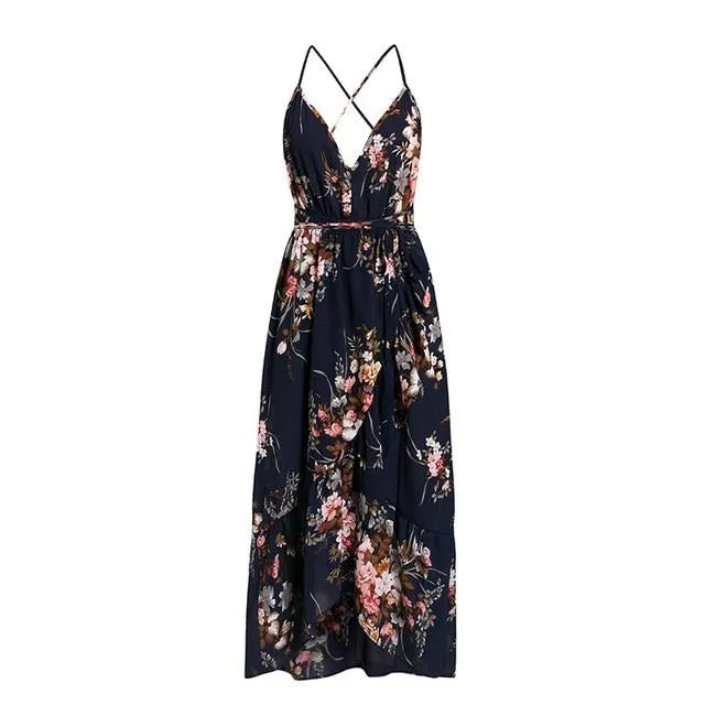 Sexy V-neck Elegant Ruffled High Waist Floral Print Sleeveless Strap Wrap Dress