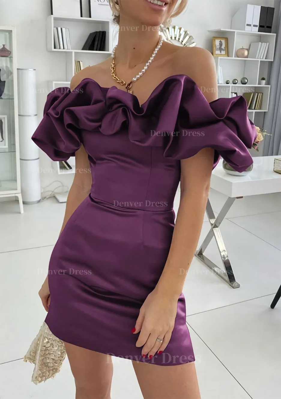 Sheath/Column Off-the-Shoulder Sleeveless Satin Short/Mini Homecoming Dress With Ruffles