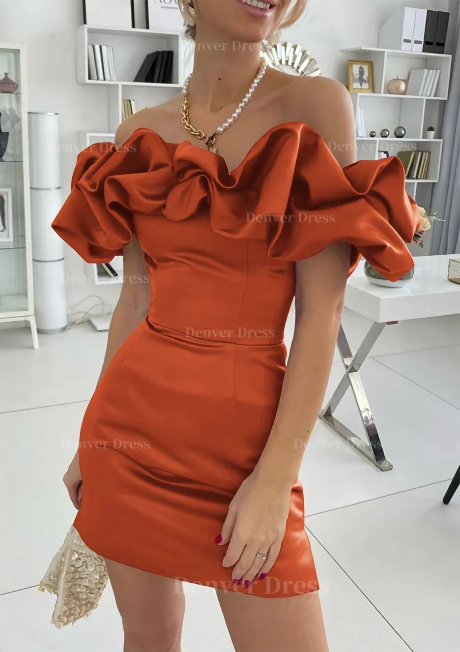 Sheath/Column Off-the-Shoulder Sleeveless Satin Short/Mini Homecoming Dress With Ruffles