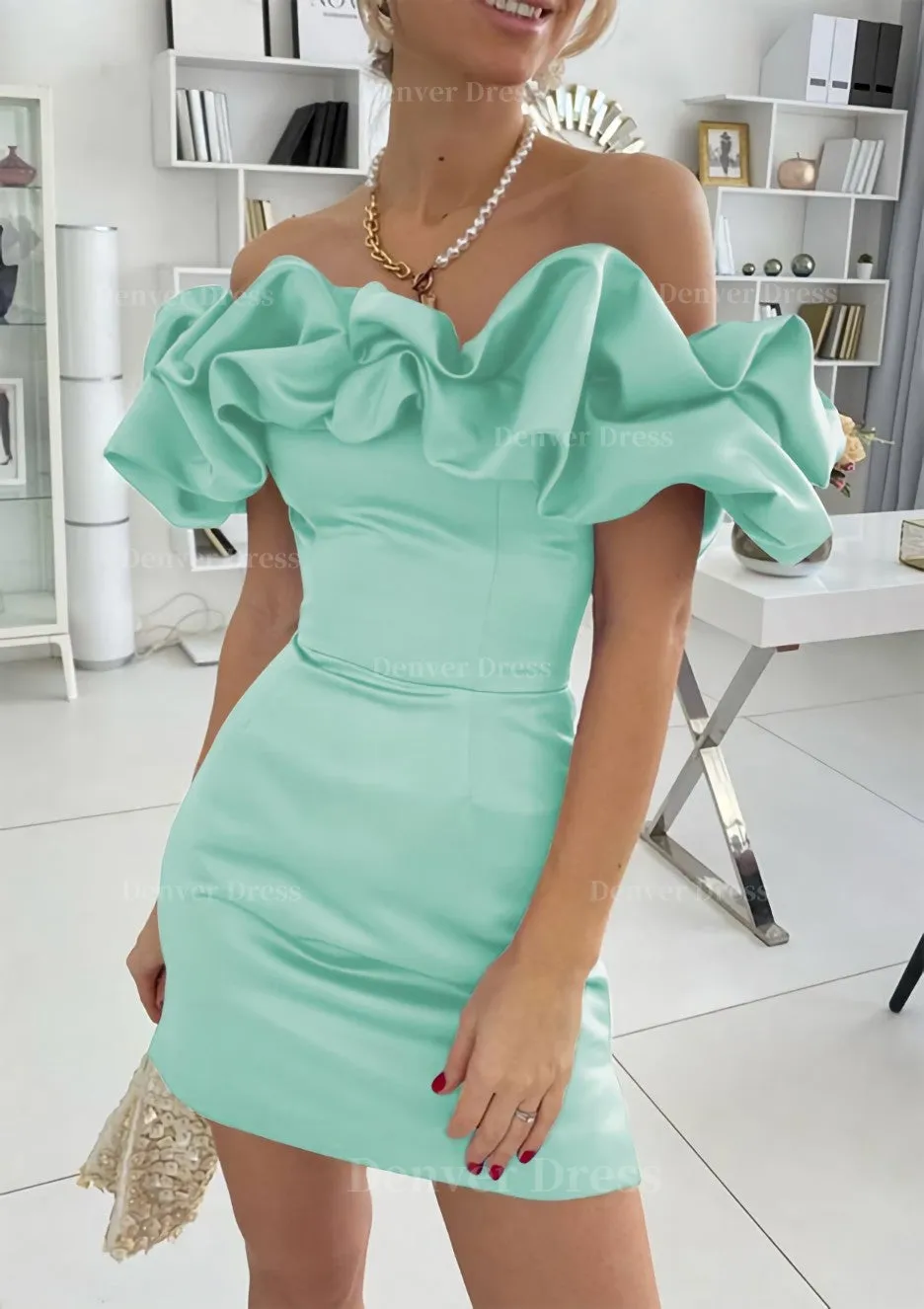 Sheath/Column Off-the-Shoulder Sleeveless Satin Short/Mini Homecoming Dress With Ruffles