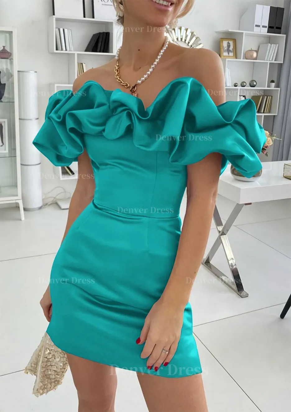 Sheath/Column Off-the-Shoulder Sleeveless Satin Short/Mini Homecoming Dress With Ruffles