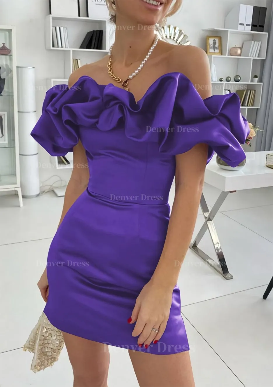 Sheath/Column Off-the-Shoulder Sleeveless Satin Short/Mini Homecoming Dress With Ruffles