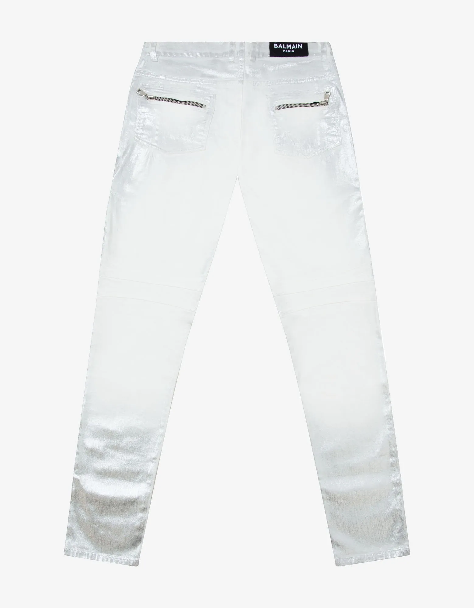 Silver Lamination Ribbed Panel Slim Biker Jeans -