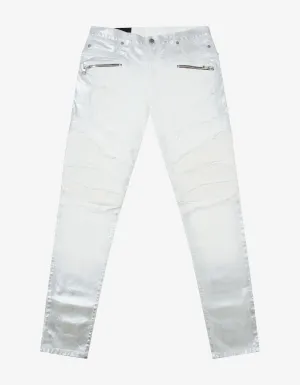 Silver Lamination Ribbed Panel Slim Biker Jeans -