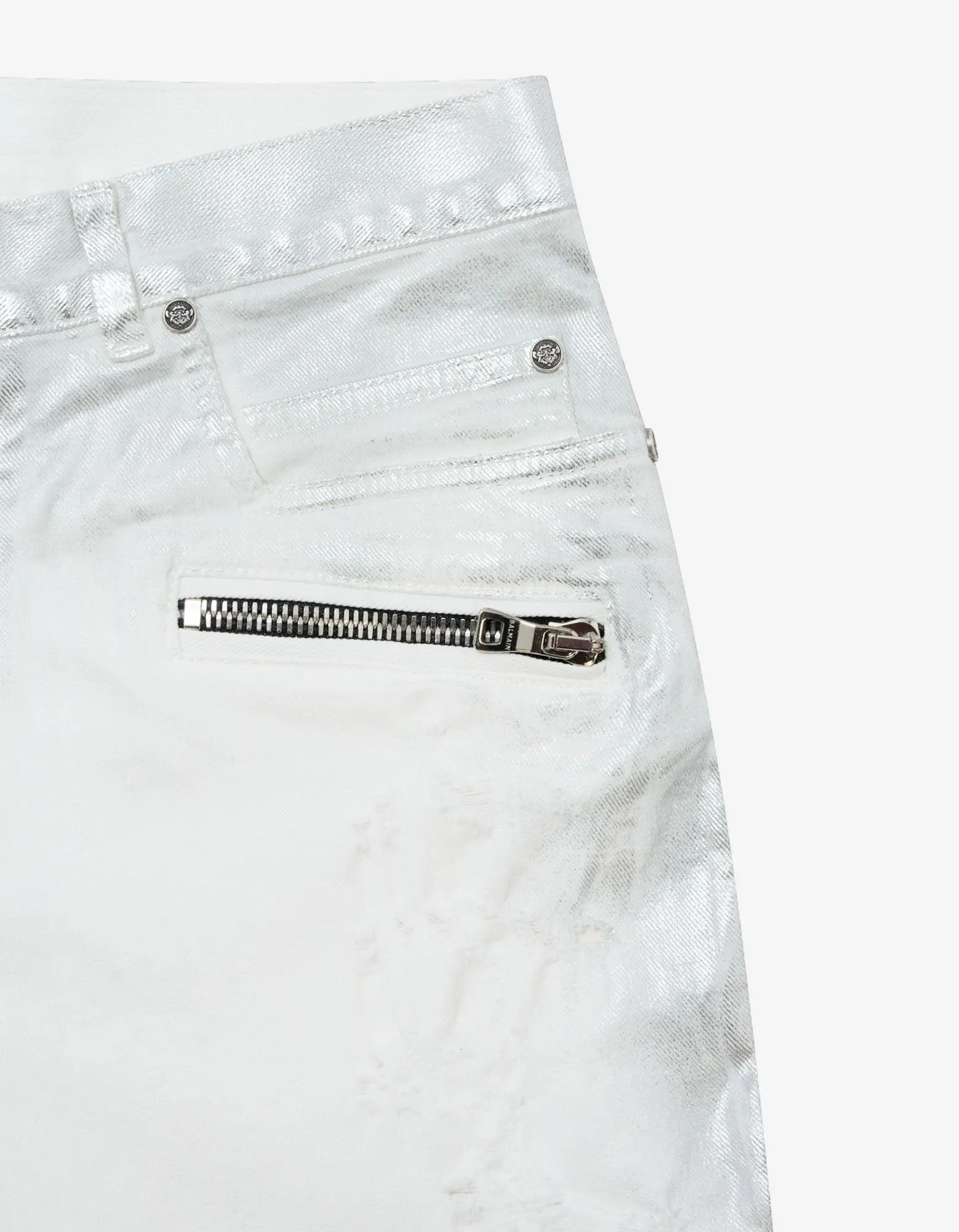 Silver Lamination Ribbed Panel Slim Biker Jeans -