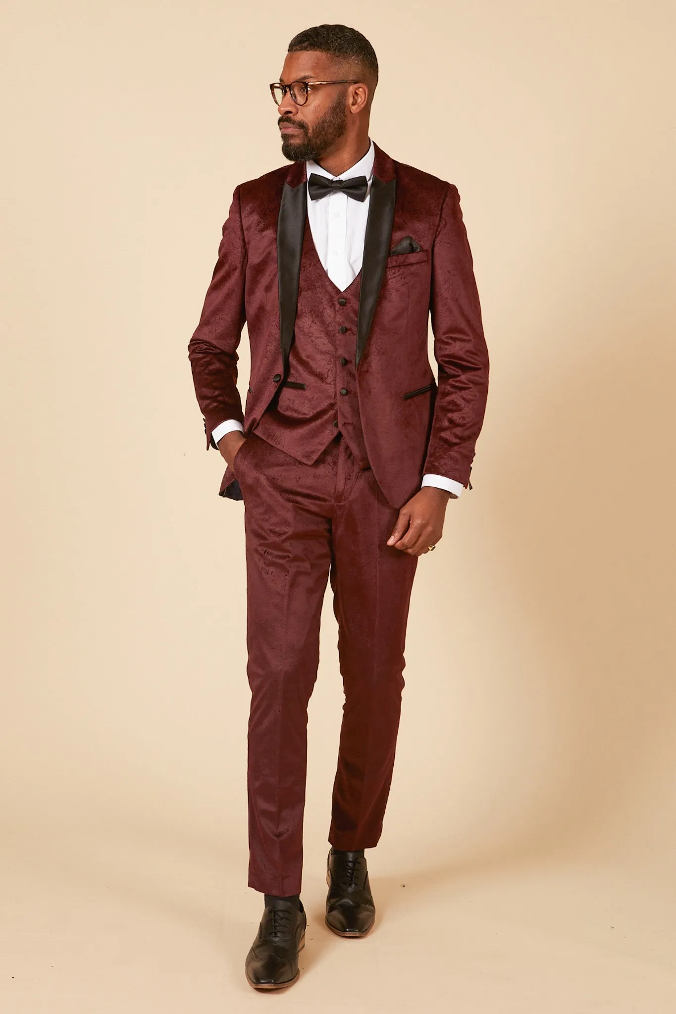 SIMON - Wine Velvet Jacquard Three Piece Suit