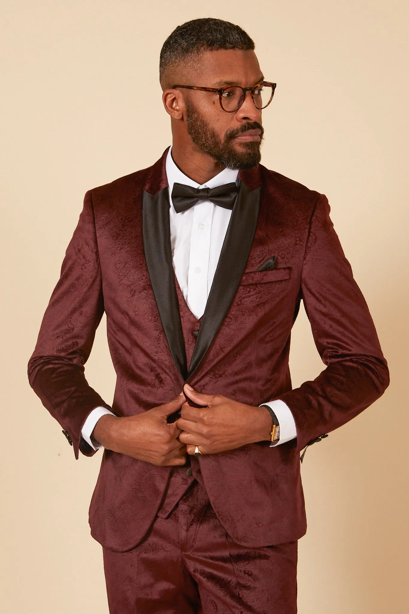 SIMON - Wine Velvet Jacquard Three Piece Suit