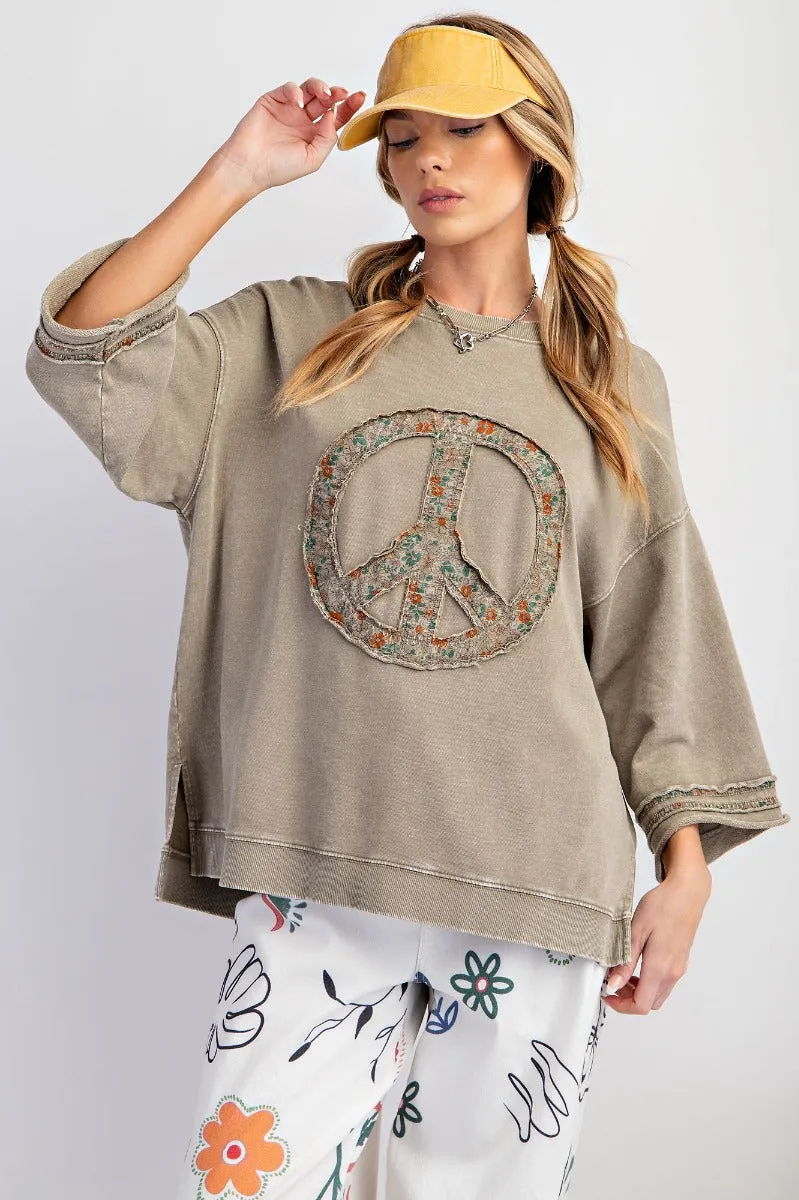 Slub mix ribbed fabric mineral wash top with peace sign symbol RESTOCKED