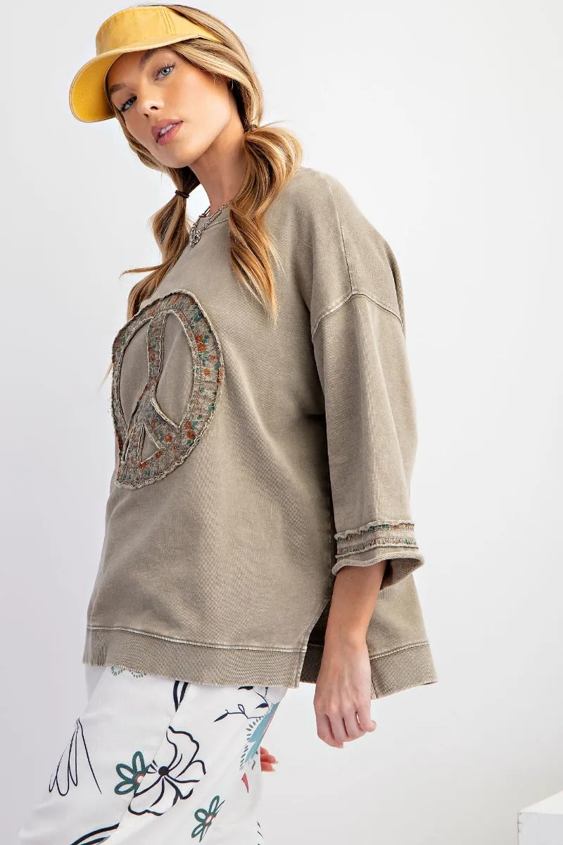 Slub mix ribbed fabric mineral wash top with peace sign symbol RESTOCKED