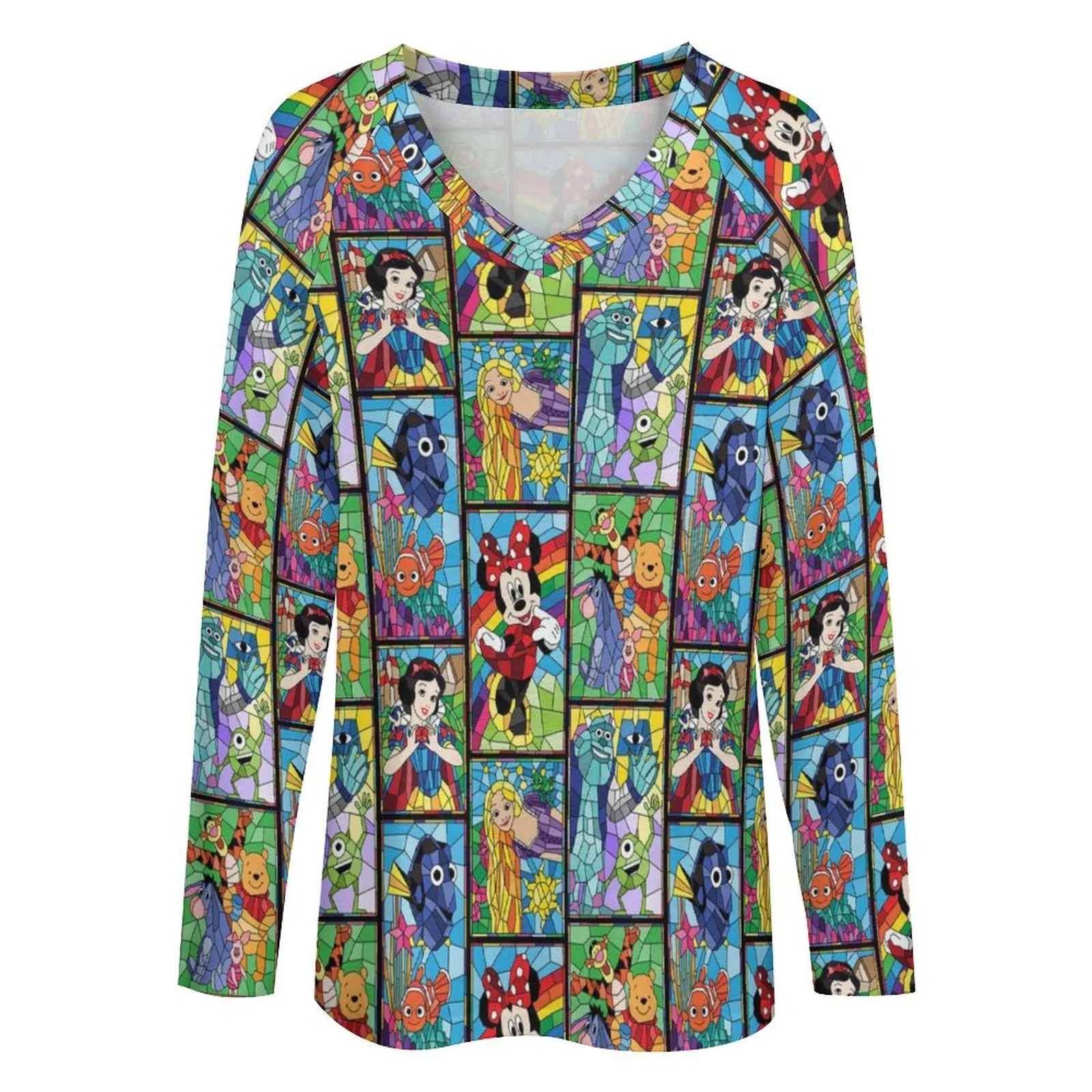 Stained Glass Characters Long Sleeve Loose V-Neck Tee