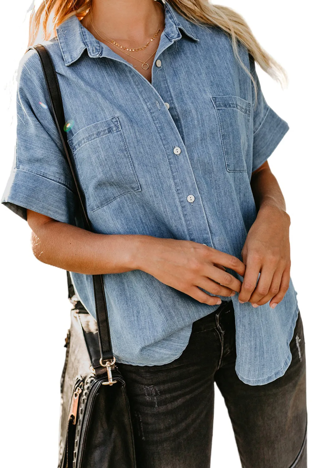 Standard Collar Short Sleeve Double Pocket Denim Shirt