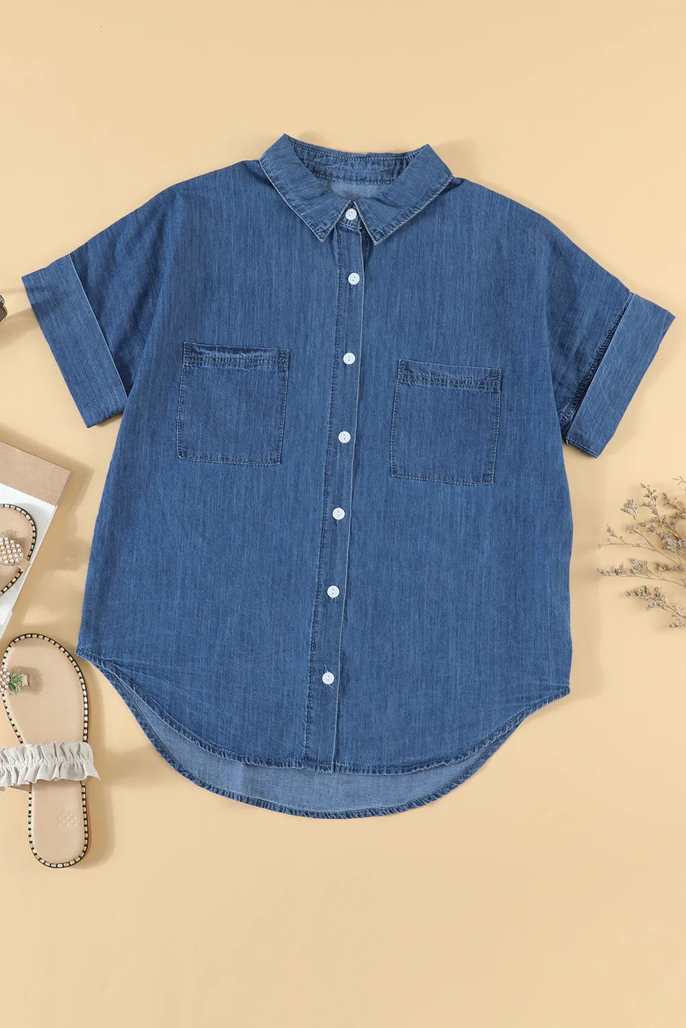 Standard Collar Short Sleeve Double Pocket Denim Shirt