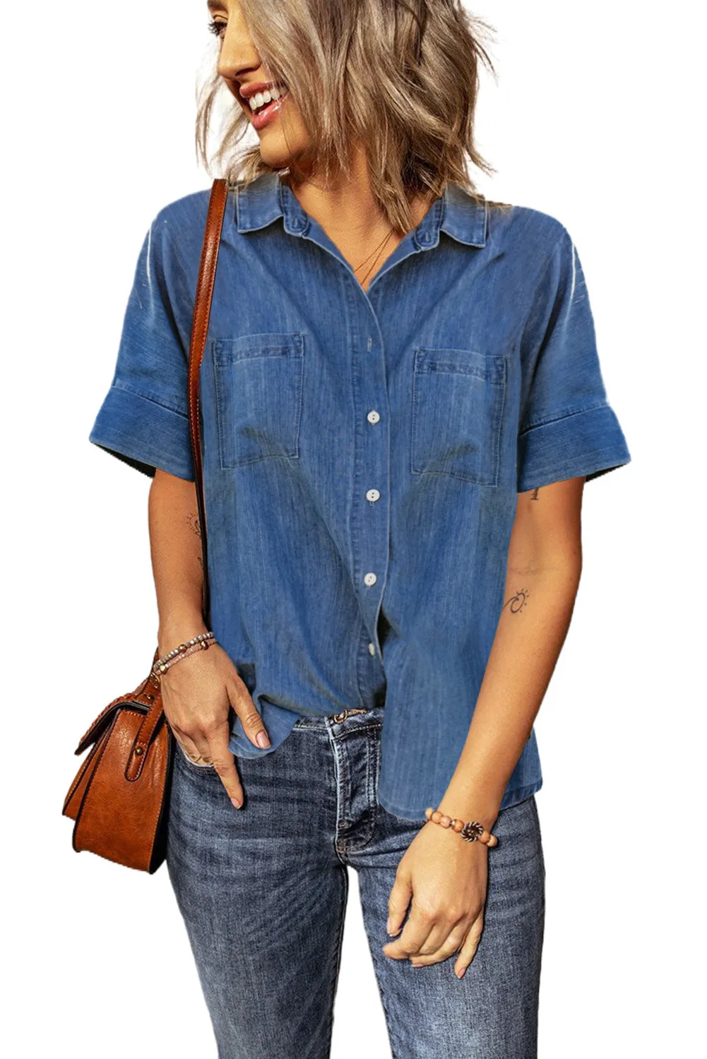 Standard Collar Short Sleeve Double Pocket Denim Shirt