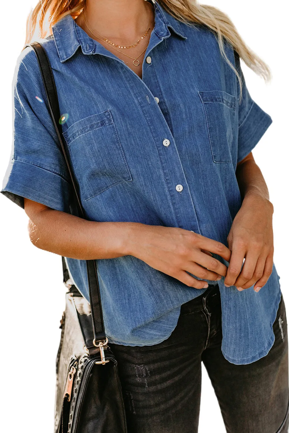 Standard Collar Short Sleeve Double Pocket Denim Shirt