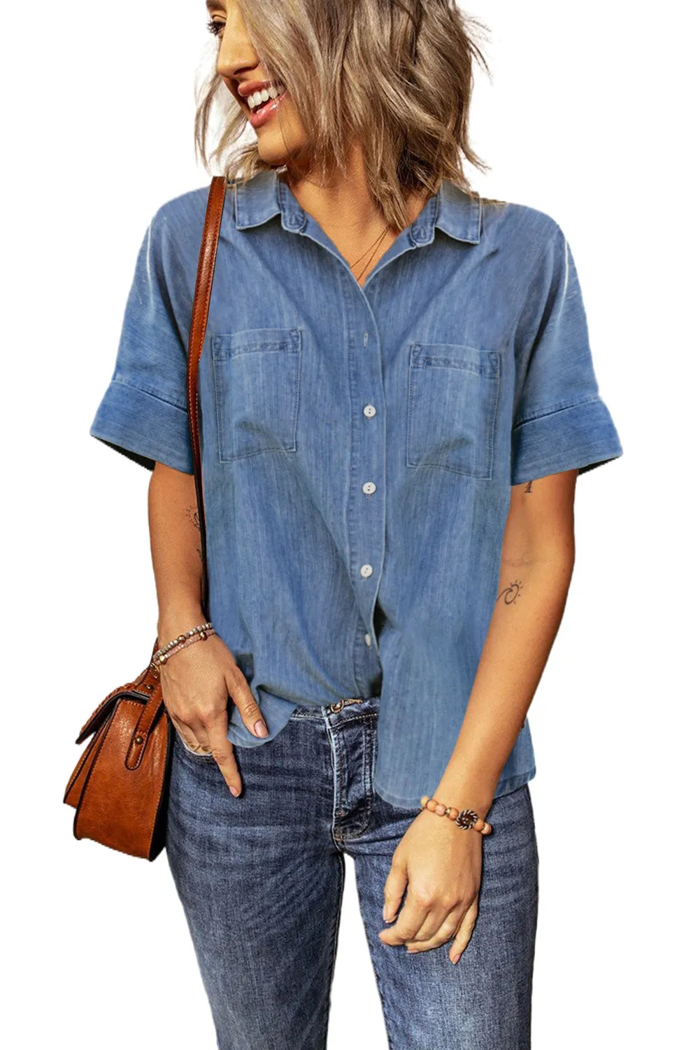 Standard Collar Short Sleeve Double Pocket Denim Shirt