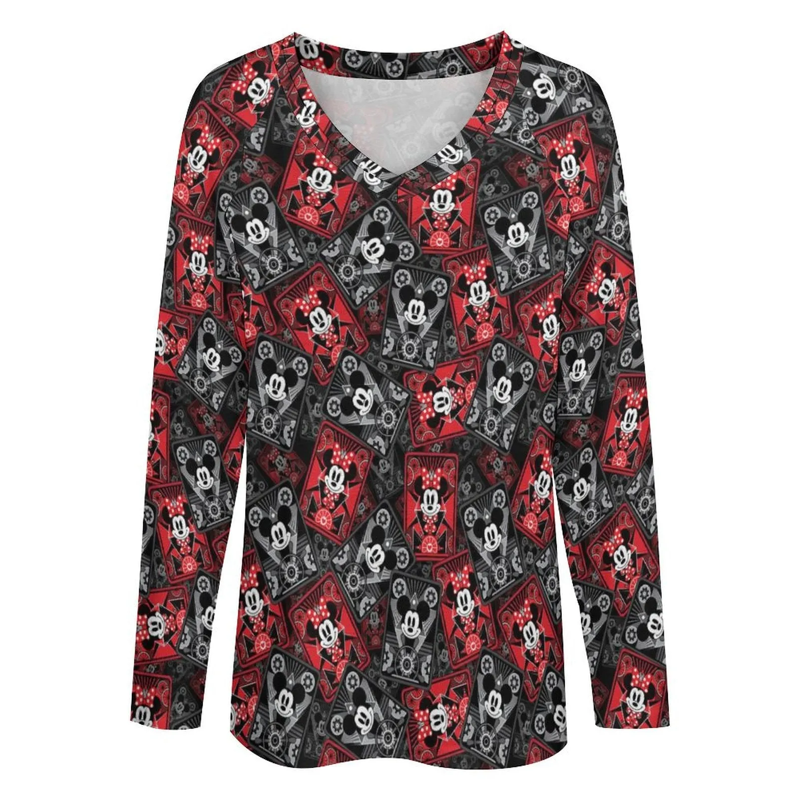 Steamboat Mickey And Minnie Cards Long Sleeve Loose V-Neck Tee