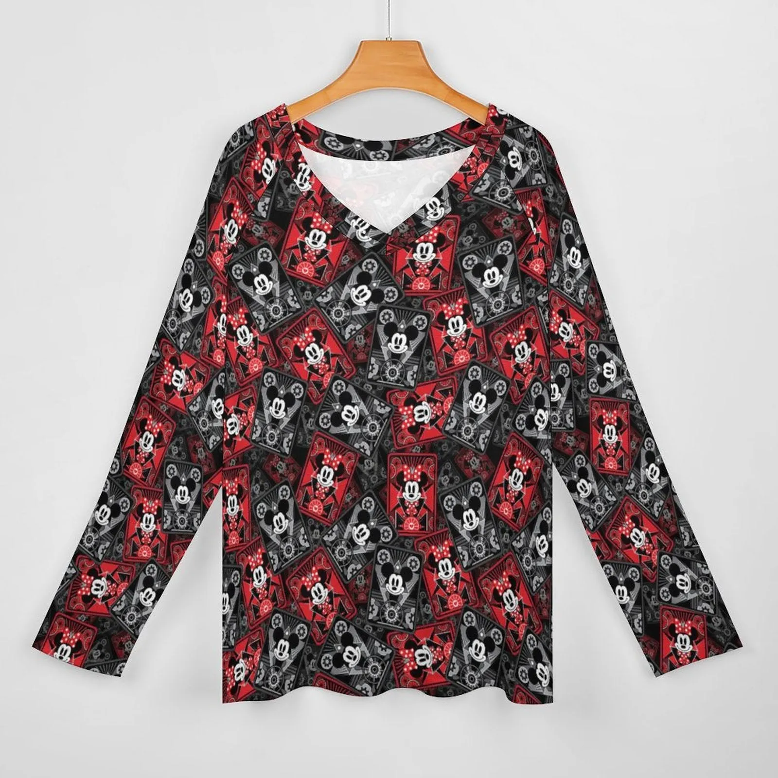 Steamboat Mickey And Minnie Cards Long Sleeve Loose V-Neck Tee