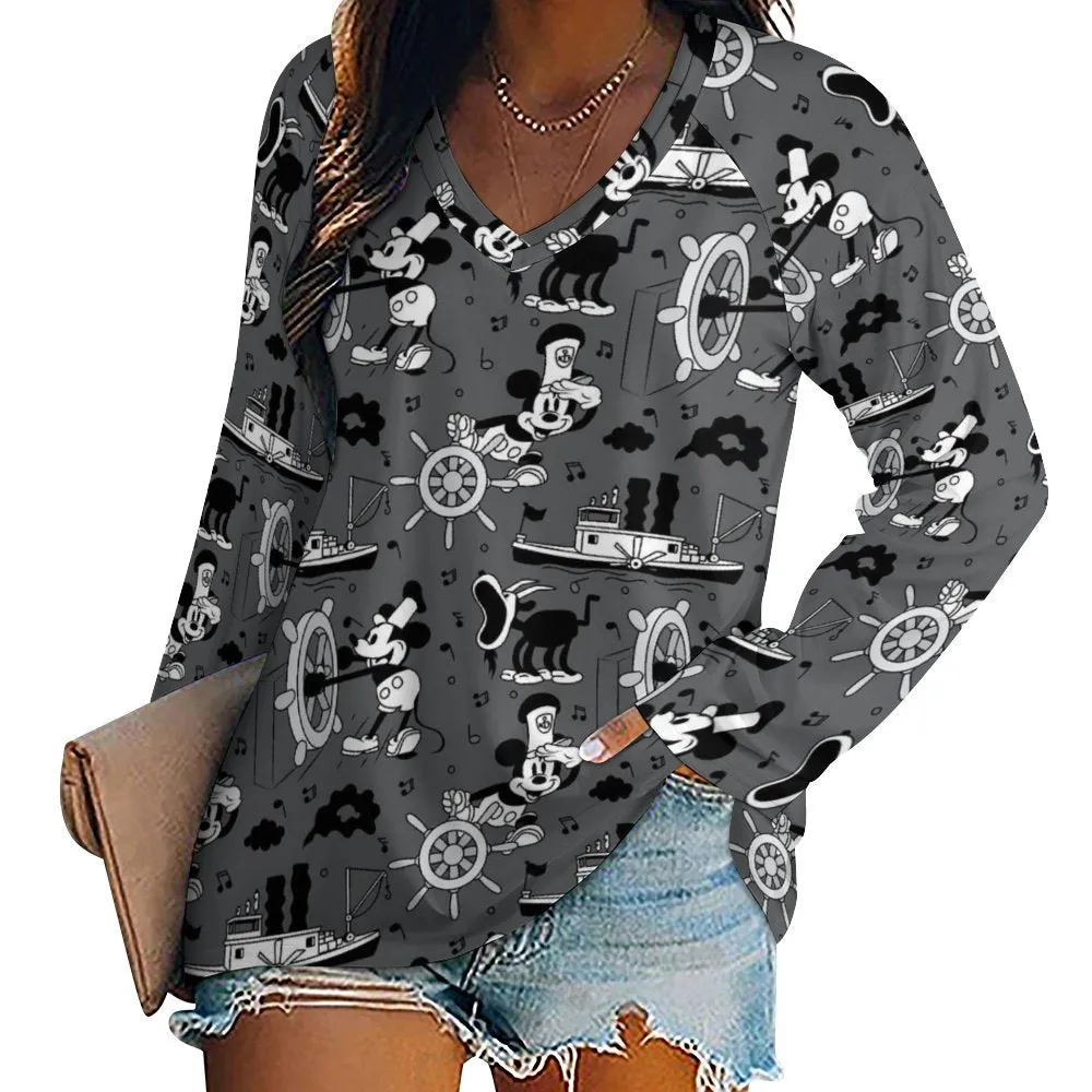 Steamboat Mickey Long Sleeve Loose V-Neck Tee