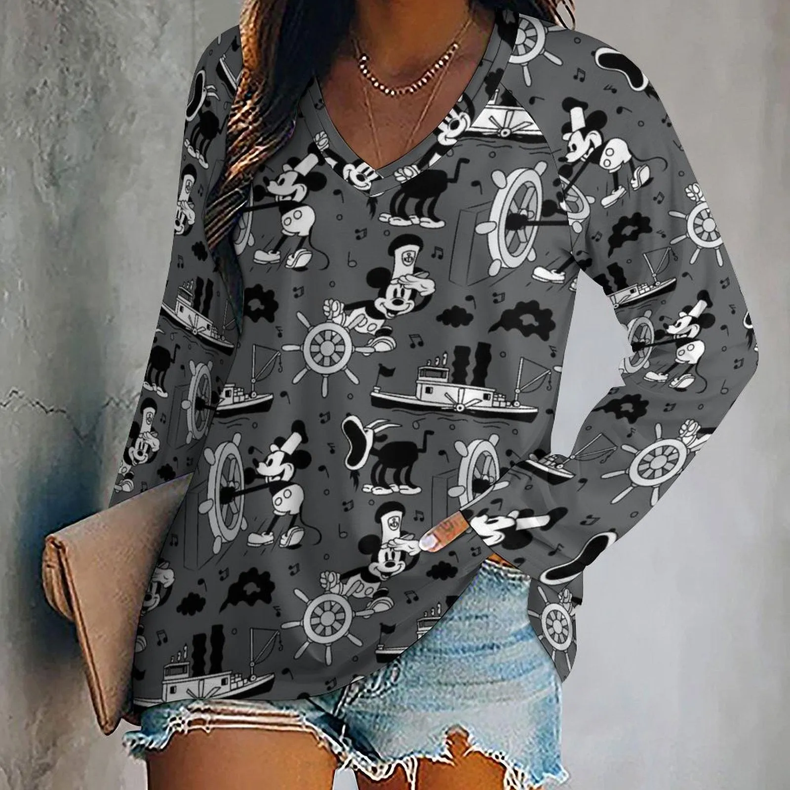 Steamboat Mickey Long Sleeve Loose V-Neck Tee