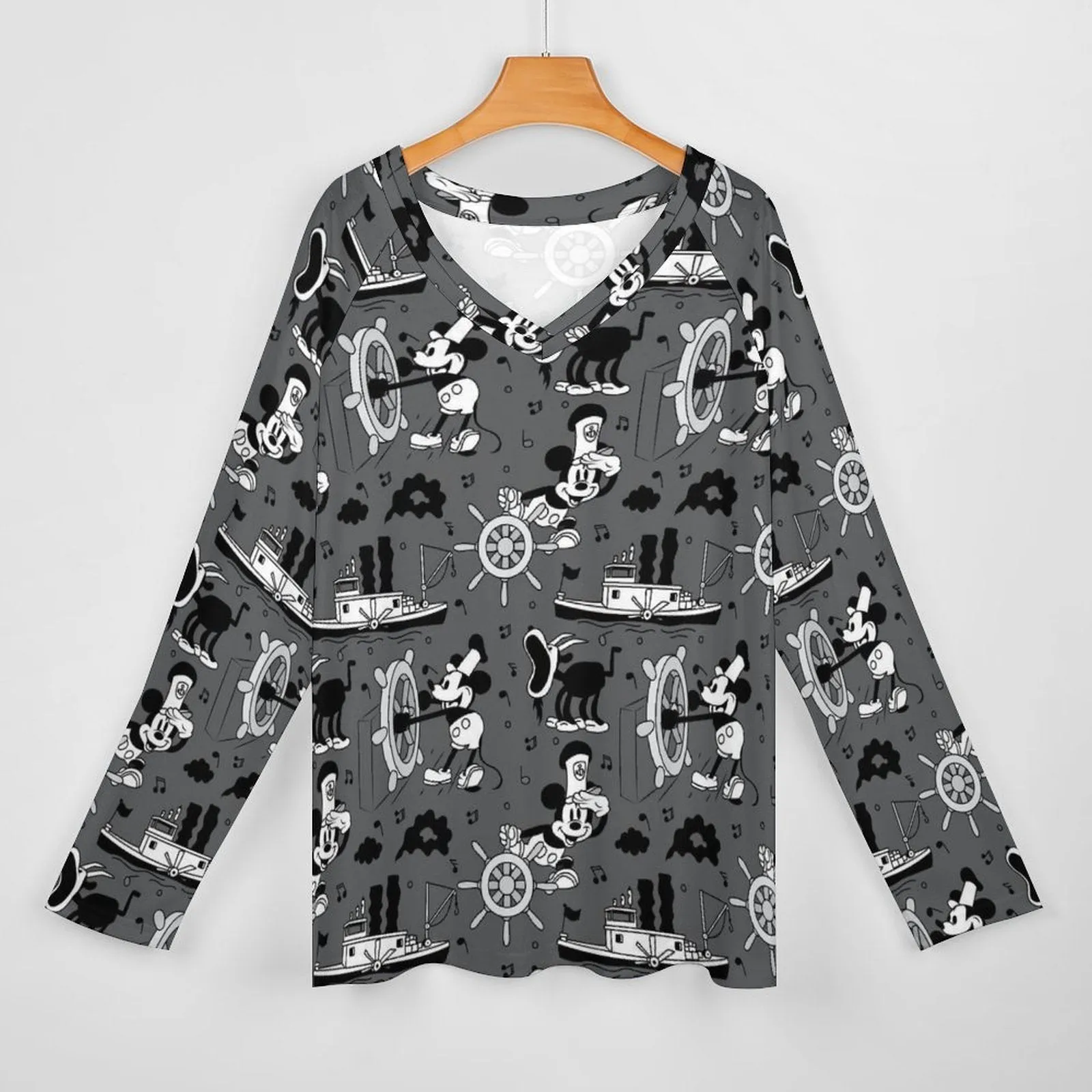 Steamboat Mickey Long Sleeve Loose V-Neck Tee