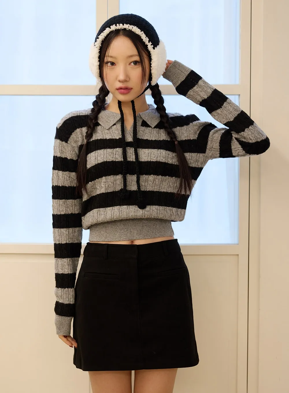 Striped Collar Knit Polo Top OD326