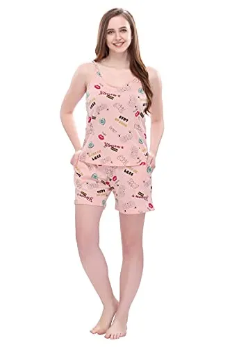 Style Dunes Night Suit Set for Women | Printed Cotton Cami Top & Shorts Set for Women Pink