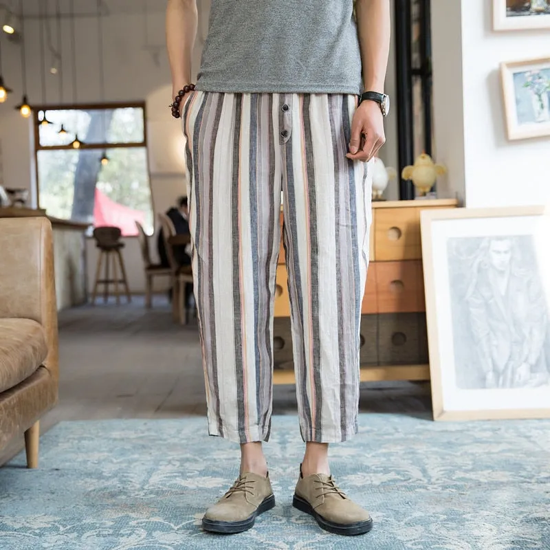 Summer Loose Stripe Calf Length Style Men Pant