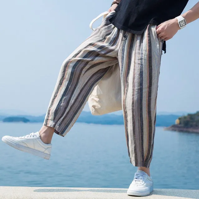 Summer Loose Stripe Calf Length Style Men Pant