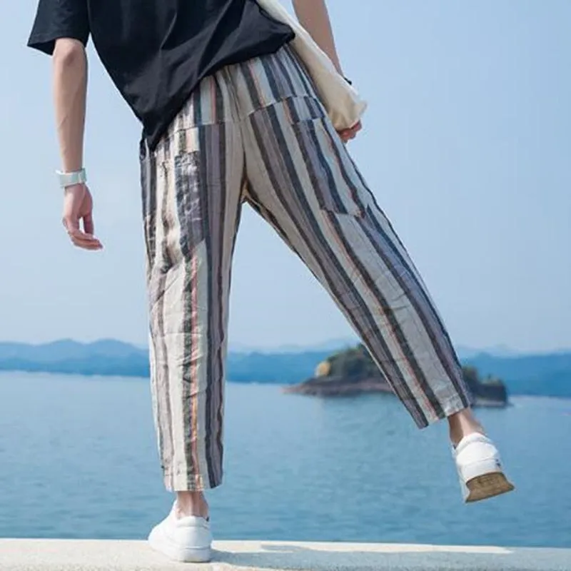 Summer Loose Stripe Calf Length Style Men Pant