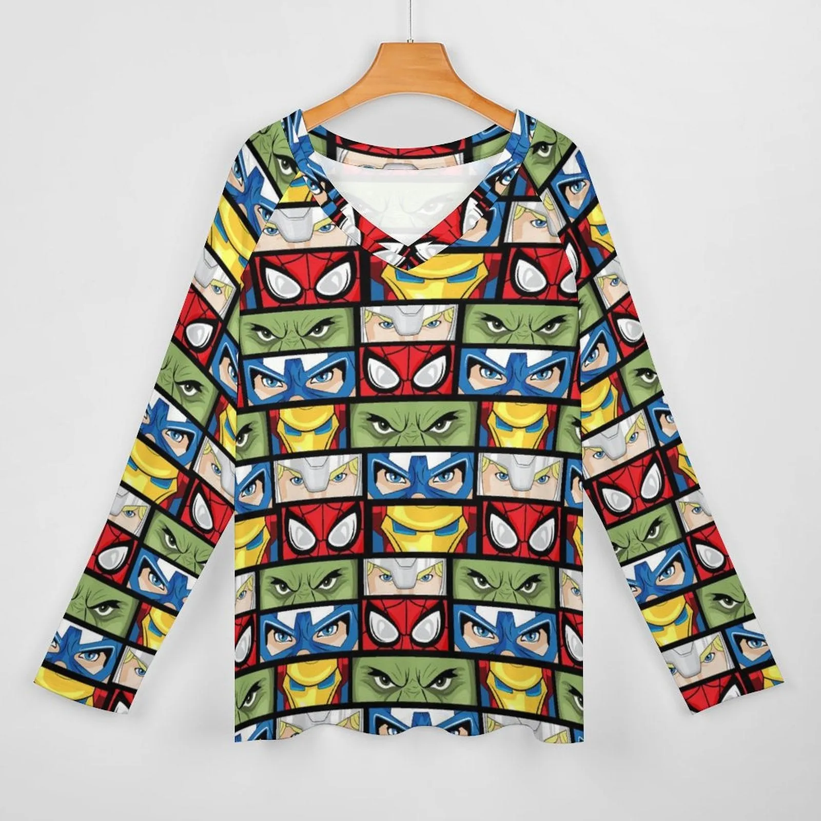 Super Heroes Eyes Long Sleeve Loose V-Neck Tee