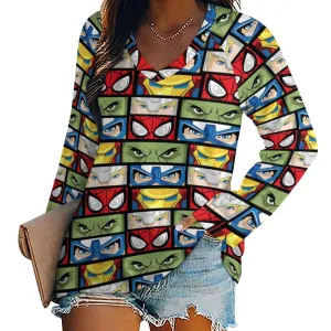 Super Heroes Eyes Long Sleeve Loose V-Neck Tee