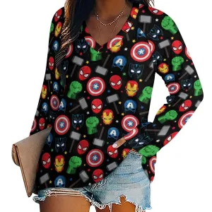 Super Heroes Long Sleeve Loose V-Neck Tee