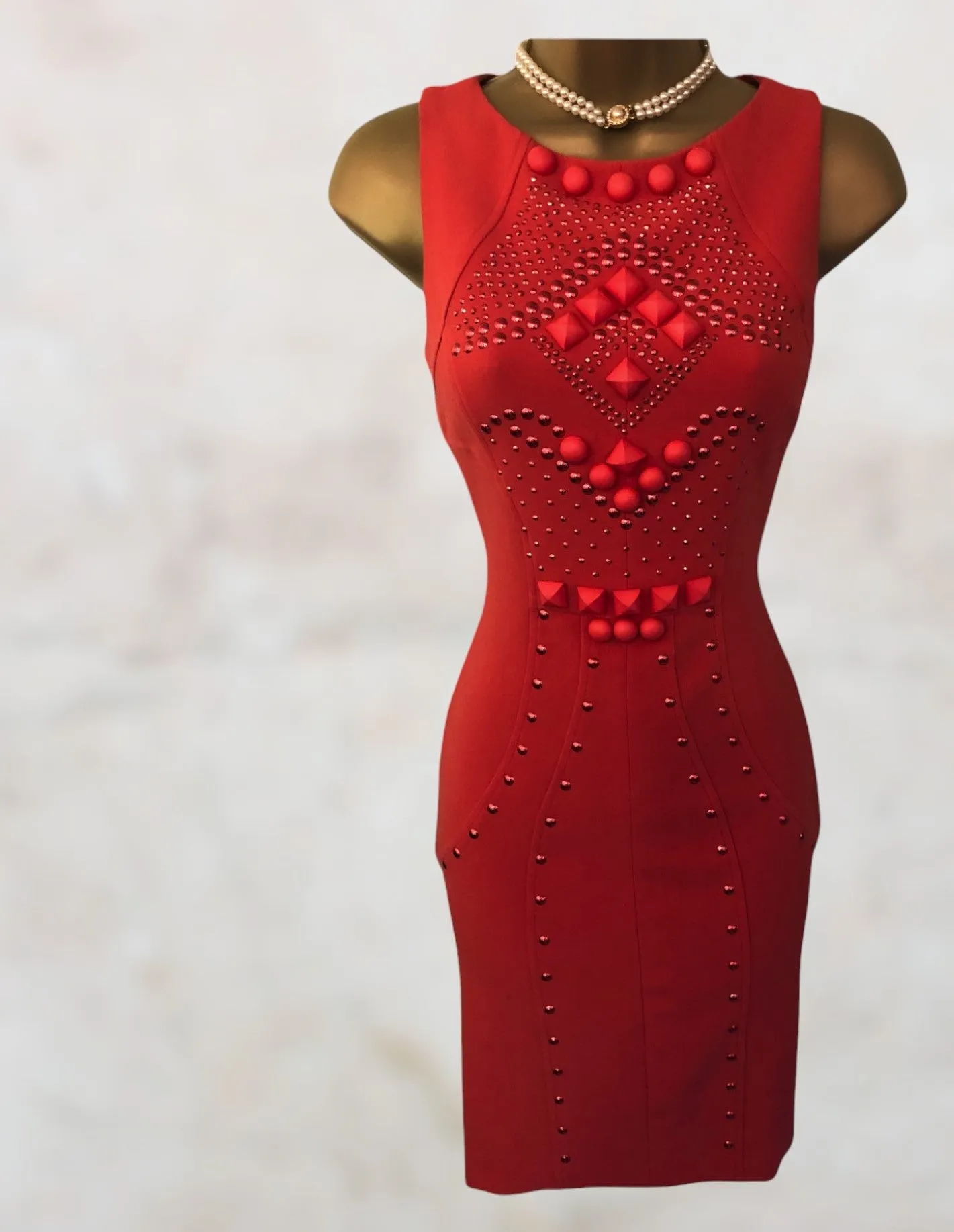 Tenax Red Studded Bodycon Sleeveless Dress UK 8 US 4 EU 36 IT 40 RRP £230.00