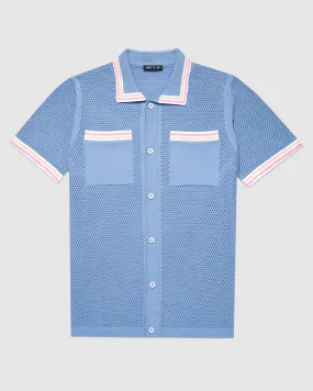 The Sundae Crochet Short Sleeve Button Up Shirt - Blue Moon